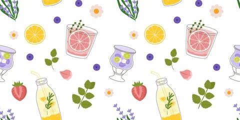 Seamless summer pattern, drinks with citrus, berries, and herbs. Design includes Stock Illustration