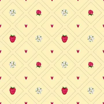 Seamless summer pattern featuring berry fruits and flowers on a light backg.. Stock Illustration