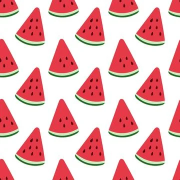 Seamless summer pattern featuring watermelon slices with bright red flesh, bl Stock Illustration