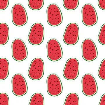 Seamless summer pattern featuring watermelon slices with red flesh, black see Stock Illustration