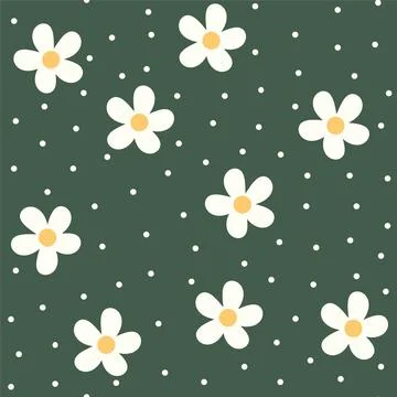 Seamless summer pattern with flat daisies and white dots on green background Stock Illustration