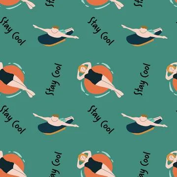 Seamless summer pattern with floating swimmer and 'stay cool' text 库存插图