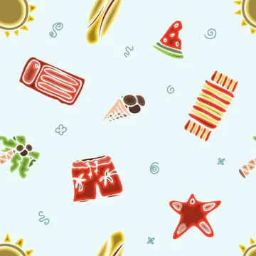 Seamless summer pattern. Hand draw accessories for beach holidays by the sea Stock Illustration