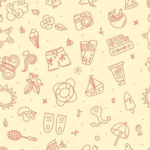 Seamless summer pattern. Hand draw accessories for beach holidays by the sea Stock Illustration
