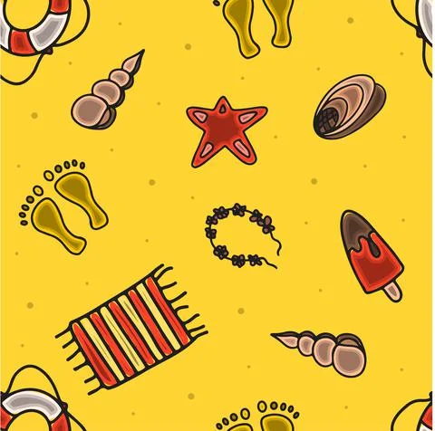 Seamless summer pattern. Hand draw accessories for beach holidays by the sea Stock Illustration