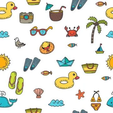 Seamless summer pattern with hand drawn beach icons. Vector beach backgroun.. Stock Illustration