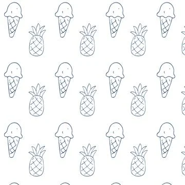 Seamless summer pattern with hand-drawn pineapples and ice cream cones in a.. 스톡 일러스트