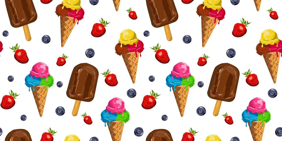 Seamless summer pattern with ice cream cones, chocolate popsicles and fresh.. Stock Illustration