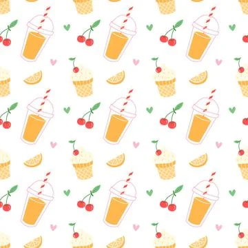 Seamless Summer Pattern with Ice Cream, Juice and Fruits on White Background Illustrazione stock