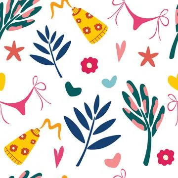 Seamless summer pattern with leaves and beach items. Summer vacation. Vector Illustrazione stock