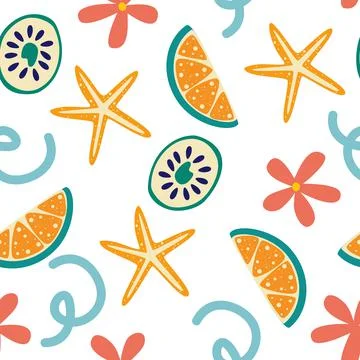 Seamless summer pattern with lemon slices and flowers. Summer vibrant design. Stock Illustration