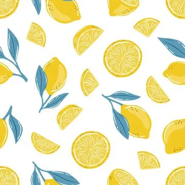 Seamless summer pattern with lemons and leaves. Stock Illustration