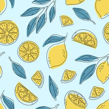 Seamless summer pattern with lemons and leaves. Stock Illustration