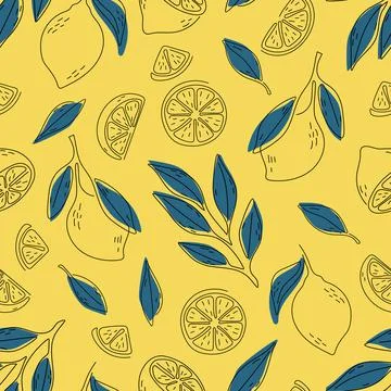 Seamless summer pattern with lemons and leaves. Stock Illustration