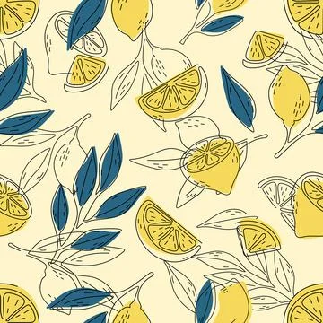 Seamless summer pattern with lemons and leaves. Stock Illustration