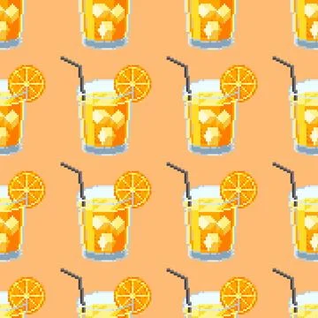 Seamless summer pattern with orange cocktail in pixel art style. Stock Illustration