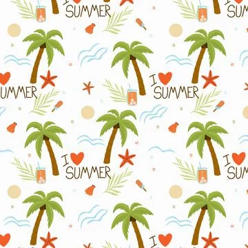 Seamless summer pattern with palm, cocktail, ice cream, wave, sea star, shell 스톡 일러스트