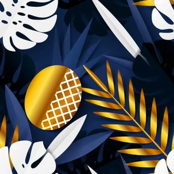 Seamless summer pattern with paper tropical leaves and golden pineapple.Moder Illustrazione stock