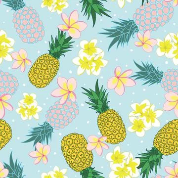 Seamless summer pattern with pineapples and plumeria flowers Stock Illustration
