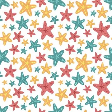 Seamless summer pattern with pink, blue and orange starfishes. Vector sea ill Stockillustratie
