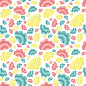 Seamless summer pattern with pink, blue and yellow shells. Vector sea illustr 스톡 일러스트