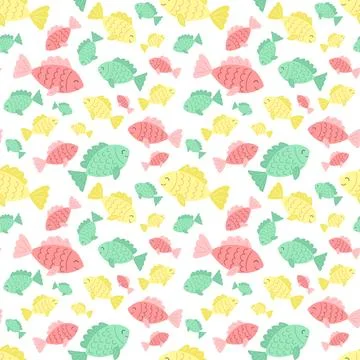 Seamless summer pattern with pink, green and yellow fishes. Vector sea illust Illustrazione stock