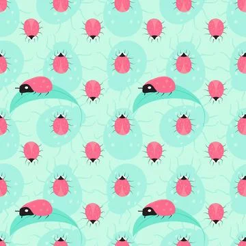Seamless summer pattern with pink ladybug on green leaf. Silhuette of insect. Illustrazione stock