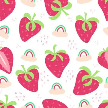 Seamless summer pattern with pink strawberry and rainbow, clouds. Vector back Illustrazione stock