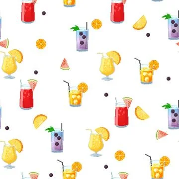 Seamless summer pattern with pixel art cocktails and fruits. Colorful 8-bit Illustrazione stock