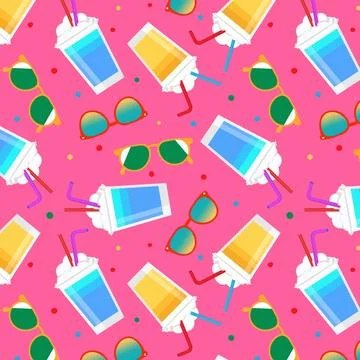 Seamless summer pattern with refreshing drinks, beer, sunglasses colorful c.. Stock Illustration