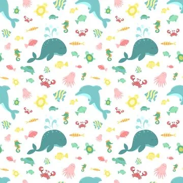 Seamless summer pattern with sea creatures. Vector marine illustration for ba Stock Illustration