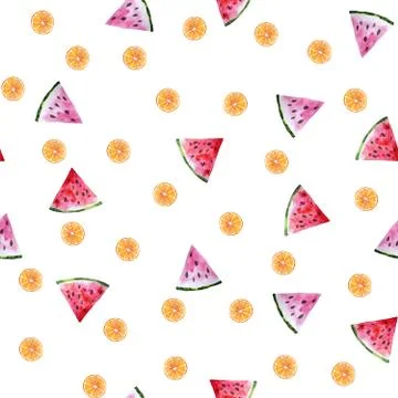 Seamless summer pattern with slice of red and pink watermelon and orange slice 스톡 일러스트