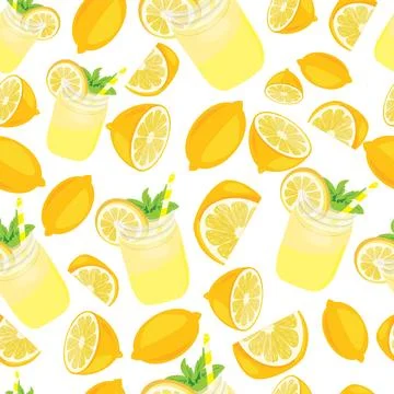 Seamless summer pattern with slices and whole lemons. Vector illustration. Stockillustratie