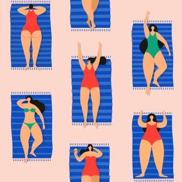 Seamless summer pattern with sunbathing young beautiful women on beach. Stock Illustration