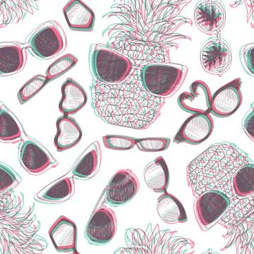 Seamless summer pattern with sunglasses in glitch effect, vector illustration. Stockillustratie