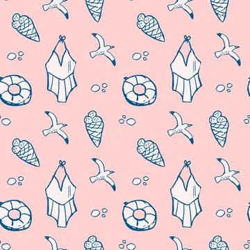 Seamless summer pattern with swimsuits, ice cream, seagulls, lifebuoys on pin 스톡 일러스트