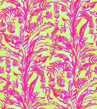 Seamless summer pattern with a tropical banana palm painted in pink Stock Illustration