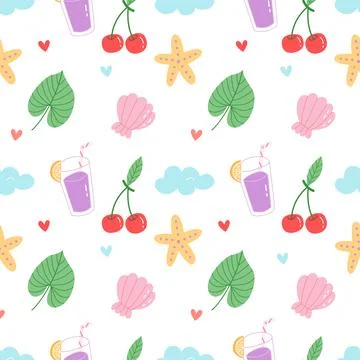 Seamless Summer Pattern with Tropical Elements on White Background Stock Illustration