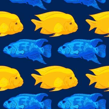 Seamless summer pattern of tropical fish, aquarium animals in flat style Stock Illustration