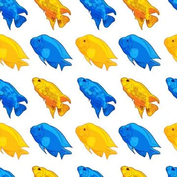 Seamless summer pattern of tropical fish, aquarium animals in flat style Stock Illustration