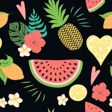 Seamless summer pattern with tropical flowers exotic fresh fruits on black. V Stock Illustration