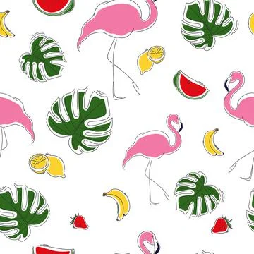 Seamless summer pattern of tropical fruits, flamingo and monstera. Stock Illustration
