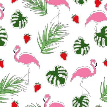 Seamless summer pattern of tropical plants, flamingo and strawberry. Stockillustratie