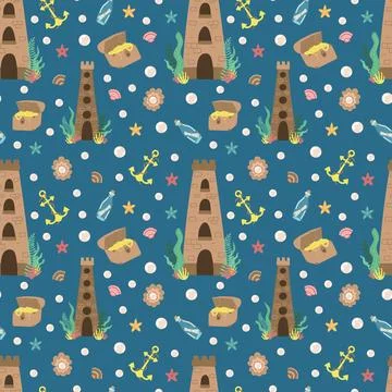 Seamless summer pattern of underwater sea kingdom with castle, treasure, bott Illustrazione stock
