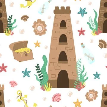 Seamless summer pattern of underwater sea castle, chest, bottle, anchor, pear Stock Illustration