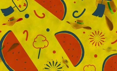 Seamless Summer Pattern with Watermelon and Straw Hat Stock Illustration