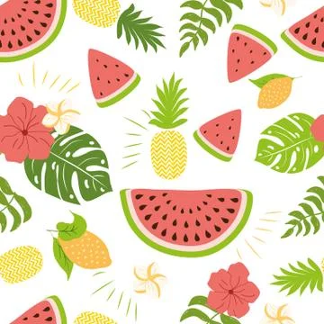 Seamless summer pattern watermelon pineapples tropical leaves Summer fruit mi Stock Illustration
