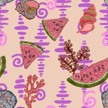 Seamless Summer Pattern with Watermelon Slices, Seashells, Coral and Textured Stock Illustration