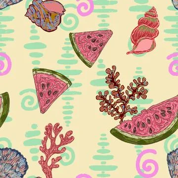 Seamless Summer Pattern with Watermelon Slices, Seashells, Coral and Textured 스톡 일러스트