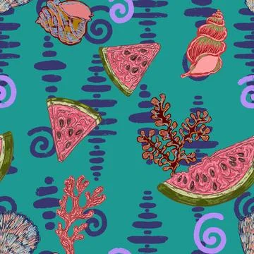 Seamless Summer Pattern with Watermelon Slices, Seashells, Coral and Textured イラスト素材